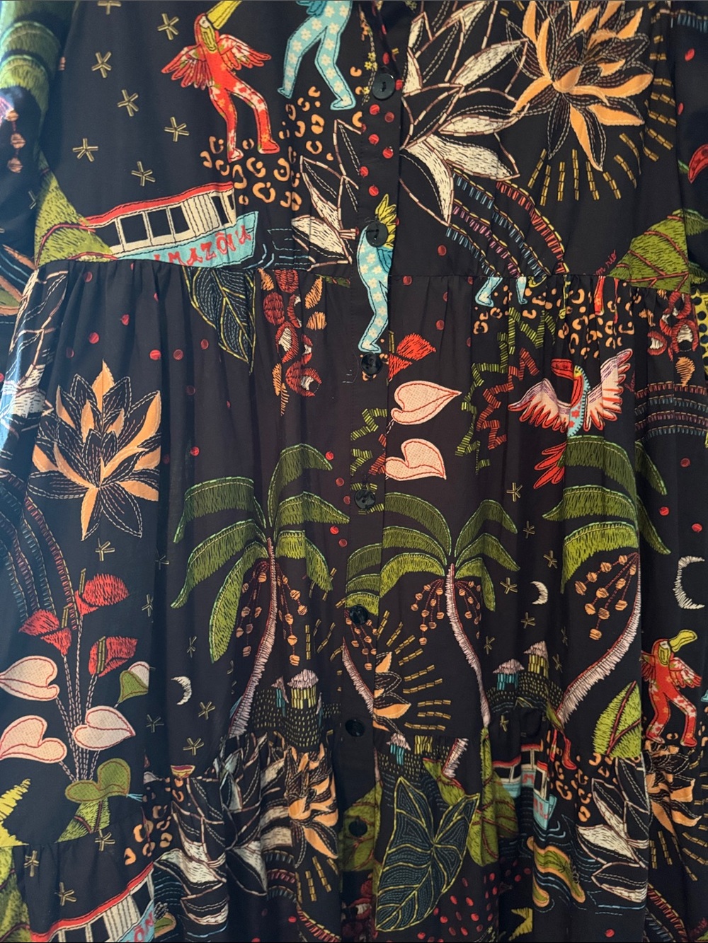EUC FARM RIO ANTHROPOLOGIE PUFF SLEEVE BUTTONDOWN BLACK TROPICAL MAXI DRESS. M - Picture 7 of 17